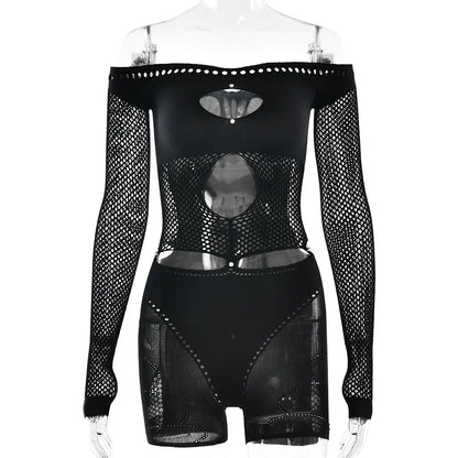 HLJ Sexy Hollow Out Rompers Women Off Shoulder See Through Long Sleeve Bodycon Playsuits Jumpsuits Female Party Clubwear New