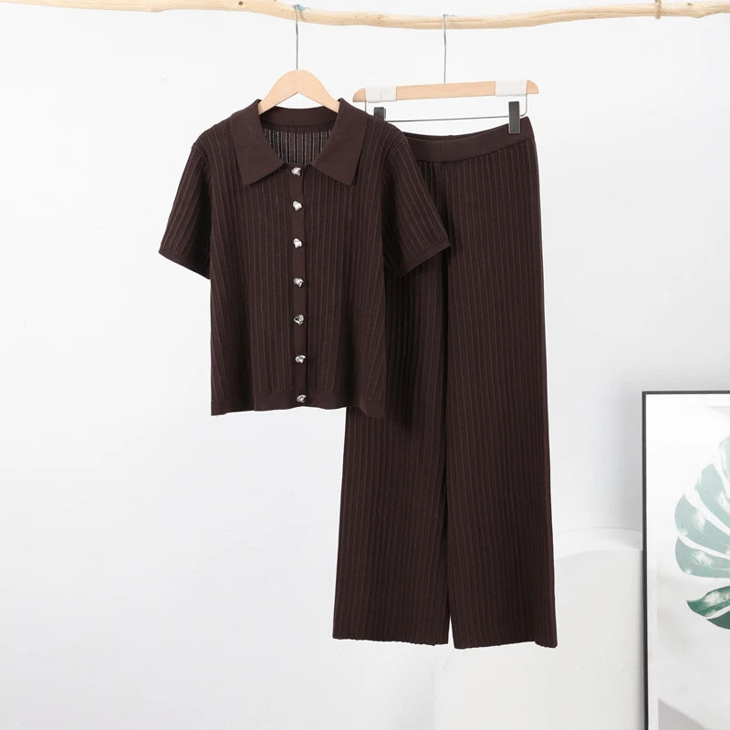 Vintage Knitted Loose Pants Set Women Brown Half Sleeve Lapel Single Breasted Cardigan Straight Trousers 2025 Fashion Solid Suit