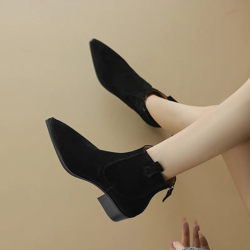 Cow Suede Women Western Boots Black Brown Khaki Mid Block Heels Back Zipper Pointed Toe Retro Ladies Autumn Winter Ankle Boots