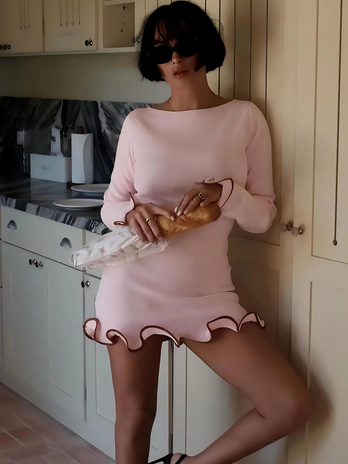 Dulzura O-Neck Long Sleeves Ruffles Patchwork Bodycon Mini Dress Sexy Elegant Outfit Party Club Streetwear Autumn Winter Clothes