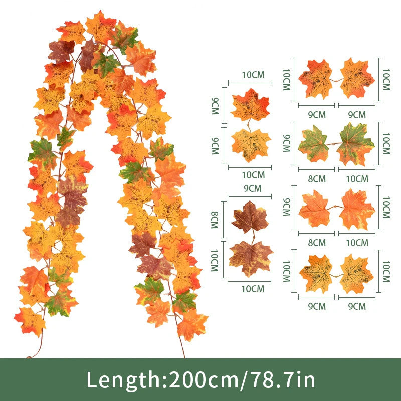 2M Artificial Maple Leaf Garland Fake Fallen Leaves Autumn Decor Rattan for Thanksgiving Halloween Festivals Wedding Xmas Decor