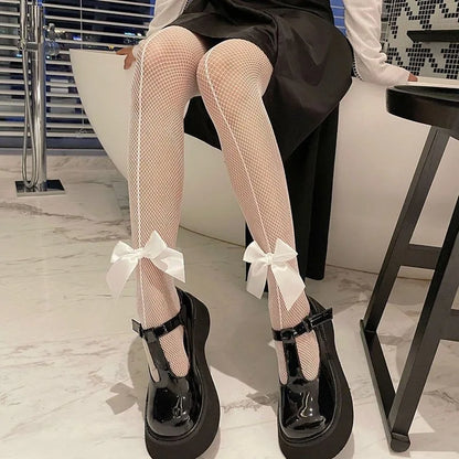 Kawaii Gothic Hollow Out Pantyhose Lolita Bow Knot Fishnet Stockings Women Spicy Girl Black White Sexy Thin Ins Tide Lace Tights