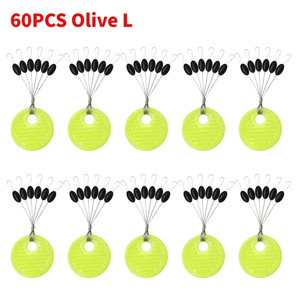 60pcs/Set 10 Group Rubber Space Beans?Stopper Oval/Long Column Shaped Fishing Line Space Beans Vertical Beans Fish Bobber Tools