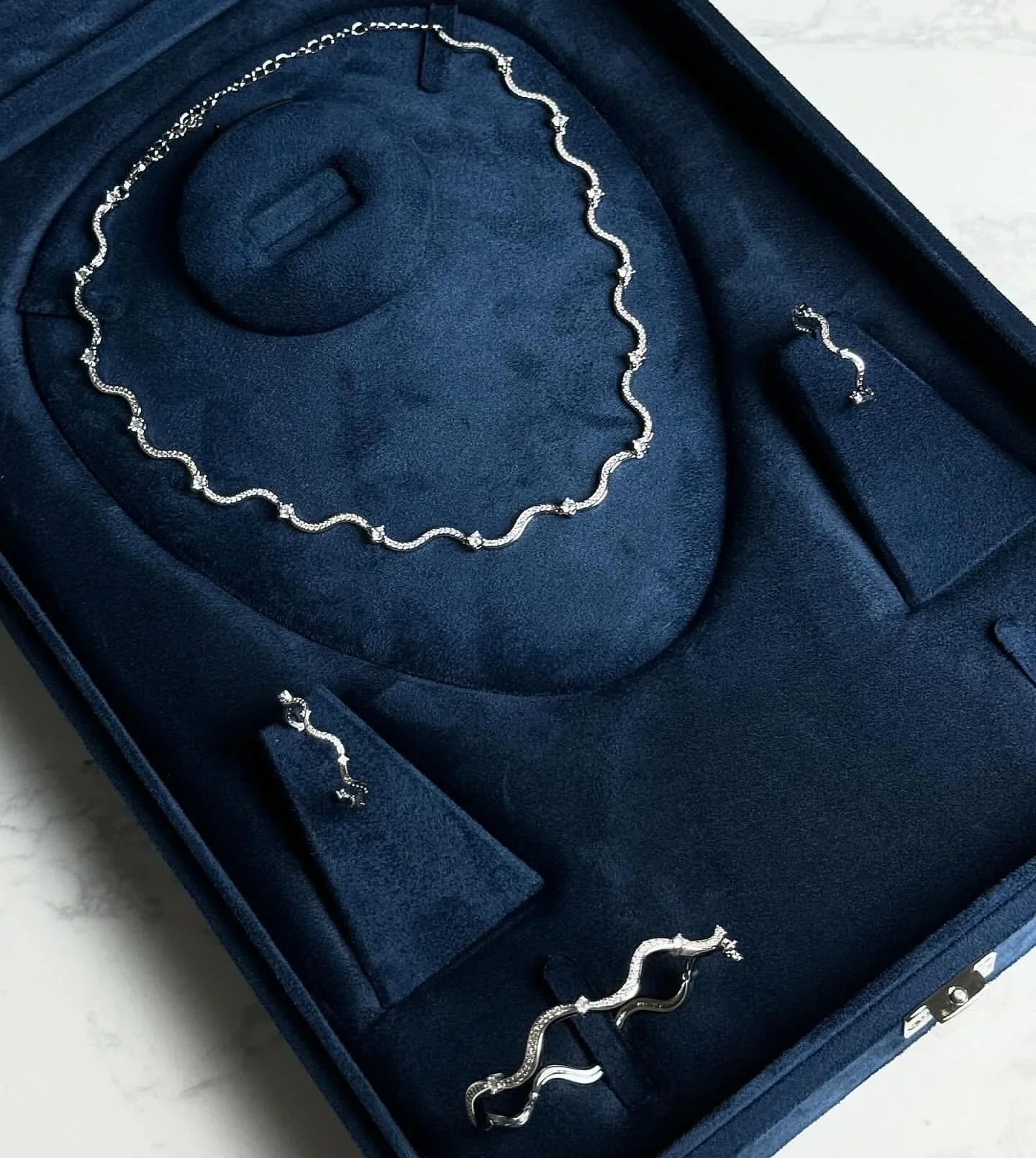 Fashionable Women's Wave Band Bracelet Ring Earring Necklace Set with 5A Cubic Zirconia CZ in Micro Pave Setting