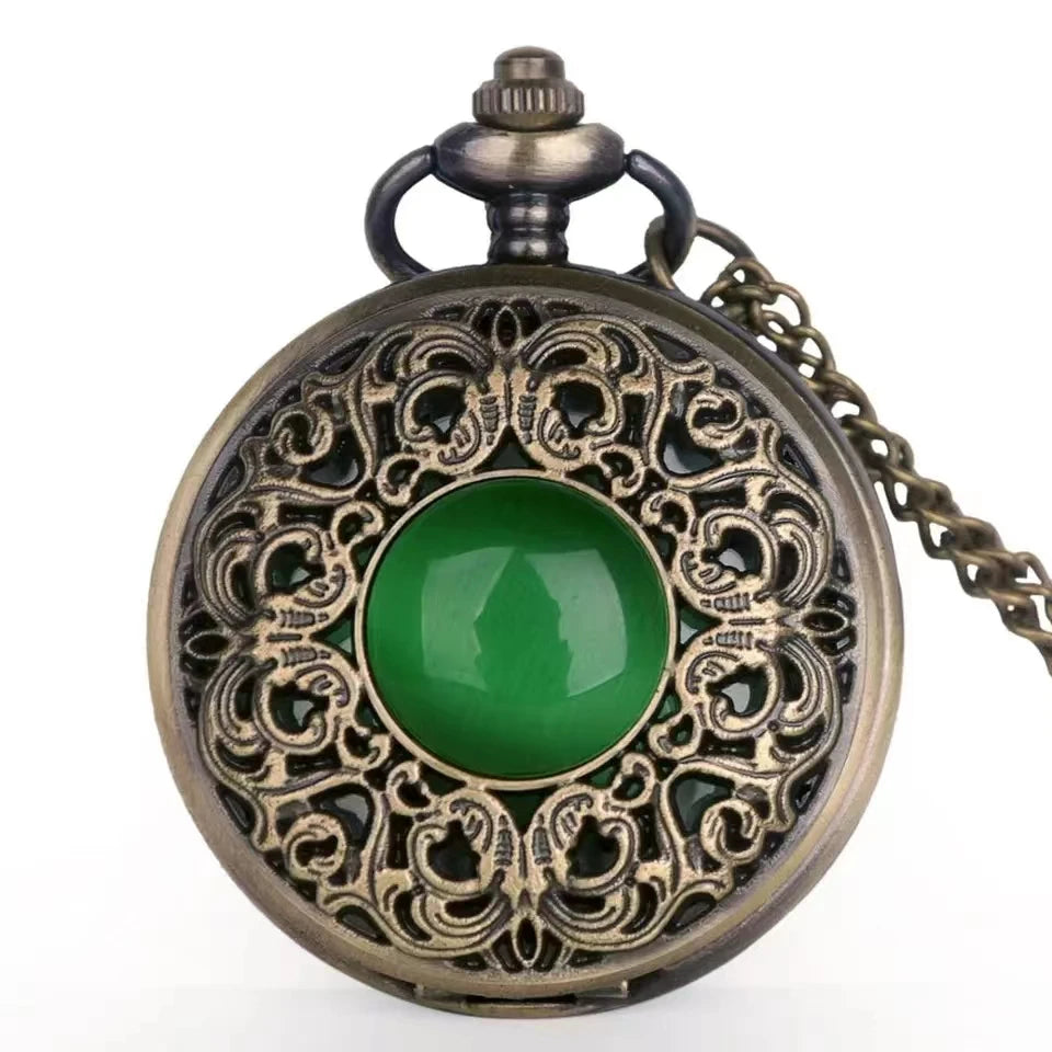 Vintage Arabic numerals face hollowed-out carving jade quartz pocket watch Bronze elegant style ladies gift clothing accessories