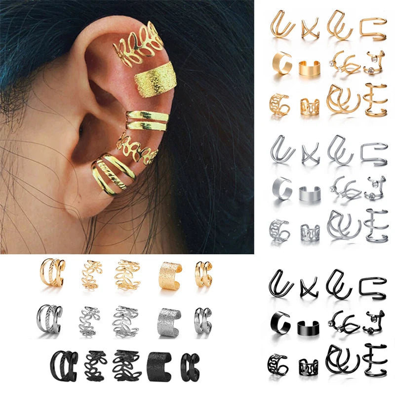 Gold Silver Color Leaves Clip Earring for Women Men Creative Simple C Ear Cuff Non-Piercing Ear Ear Clip Set Trendy Jewelry Gift