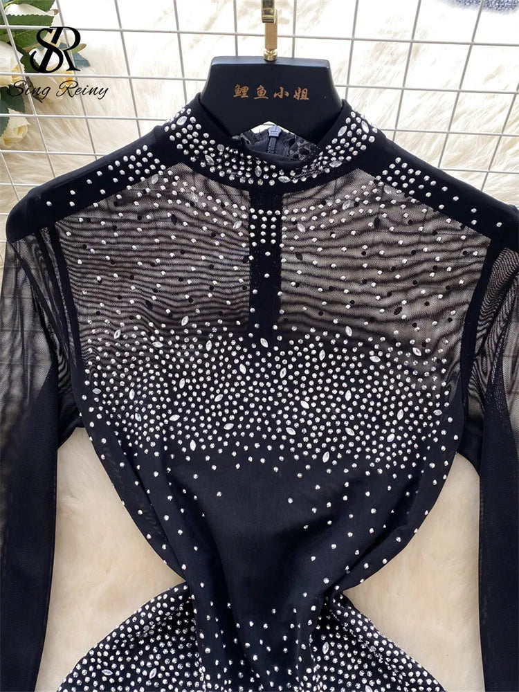 SINGREINY Summer Thin Sheer Sexy Bodysuit Long Sleeve Zipper With Shorts Design Rompers Beadings Streetwear Women Mesh Playsuits