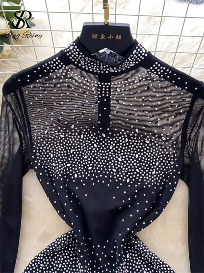 SINGREINY Summer Thin Sheer Sexy Bodysuit Long Sleeve Zipper With Shorts Design Rompers Beadings Streetwear Women Mesh Playsuits
