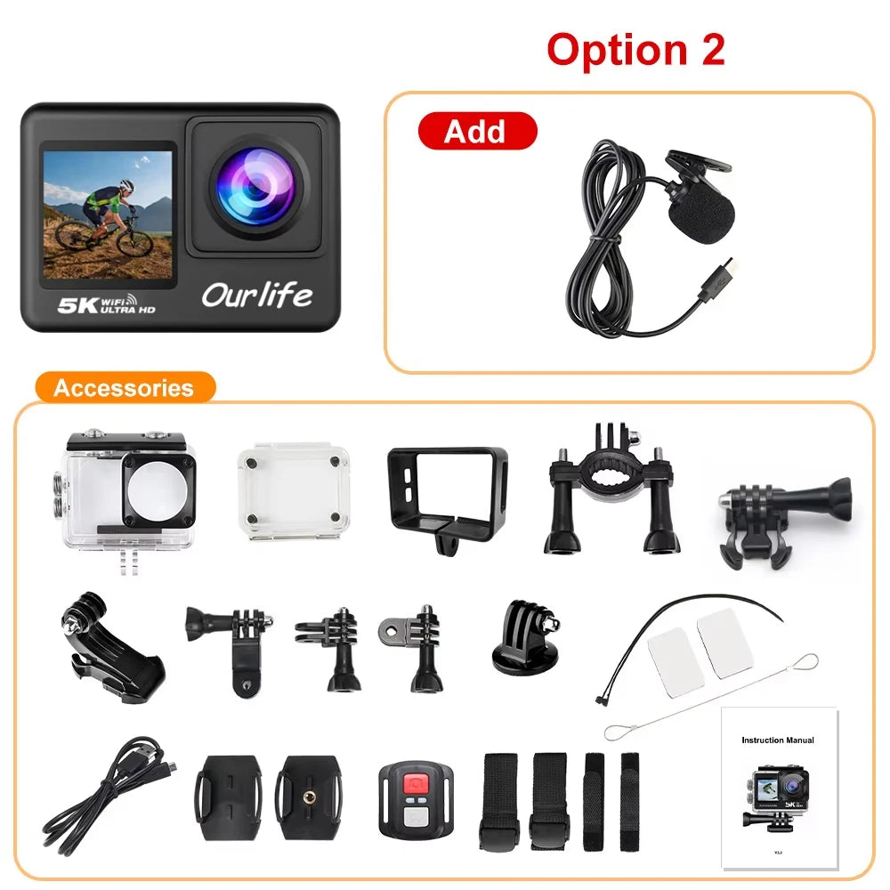 Ourlife 5K Action Camera 4K60FPS 2.0 Inch Touch Screen WiFi 170¡ã Wide Angle 30M Waterproof Bicycle Motorcycles Sports Cameras