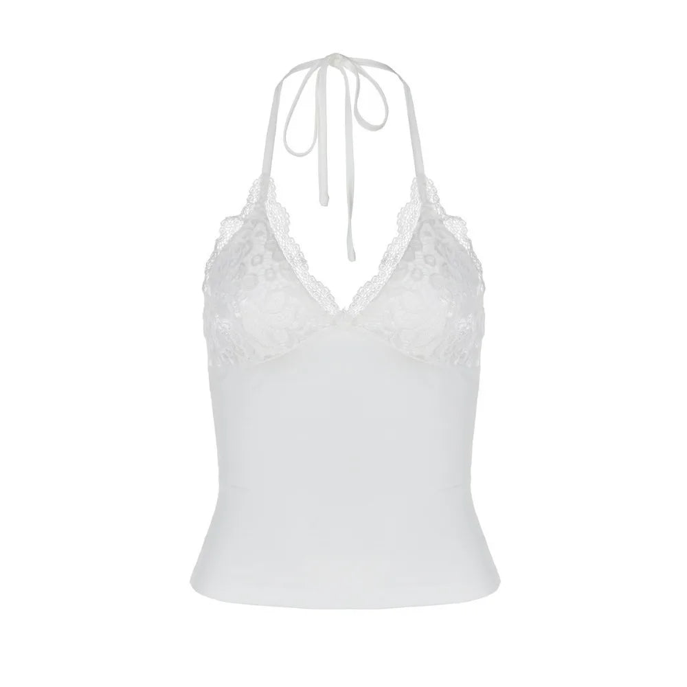 Black Lace Patchwork Halter Top Women Summer Solid Ruched Backless Sleeveless Tank Top Streetwear Clothes