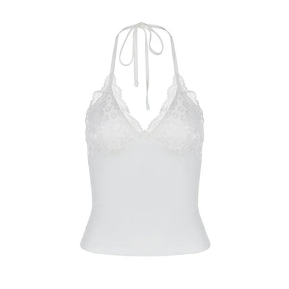 Black Lace Patchwork Halter Top Women Summer Solid Ruched Backless Sleeveless Tank Top Streetwear Clothes