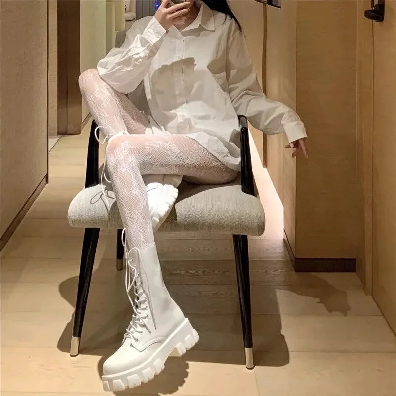 Gothic Fishnet Stockings Black Tights Women Sexy Nylon Sheer Pantyhose Lolita Hollow Out Floral Lace Pantyhose Cosplay Plus Size