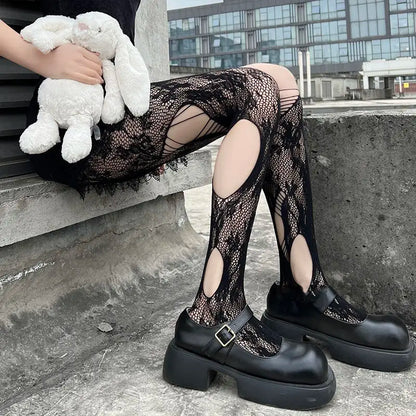 Gothic Women's Irregular Exposed Skin Tights Ripped Fishnet Thin Pantyhose Punk Y2K Hollowed-out Retro Lace Sexy Silk Stockings