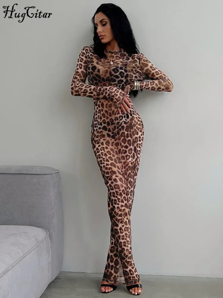 Hugcitar Leopard Print Mesh Long Sleeve Sexy Slim  See Through Maxi Dress Fall Women Fashion Outfits Beach Vacation Club