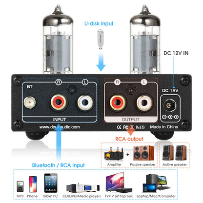 Douk Audio HiFi Bluetooth 5.0 Valve Tube Preamp Stereo Receiver USB Player Home Desktop Pre-amplifier w/Treble Bass Control