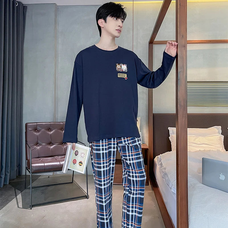 Spring Autumn Plus 4XL Knitted Men's Sleepwear Letter Lattice Pajamas Plaid Pajamas Sets Casual Loungewear Pyjamas Night Fashion