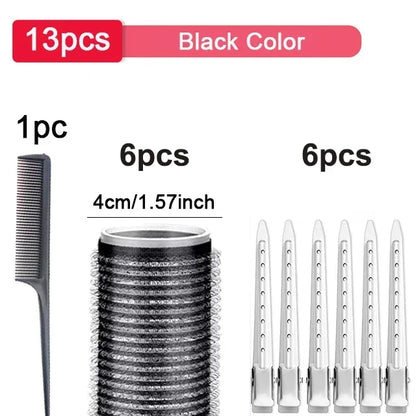 13pcs Black Self Grip Hair Rollers No Heat Hair Curlers Heatless Curls Hair Bangs Volume Self-adhesive Hook DIY Styling Tools