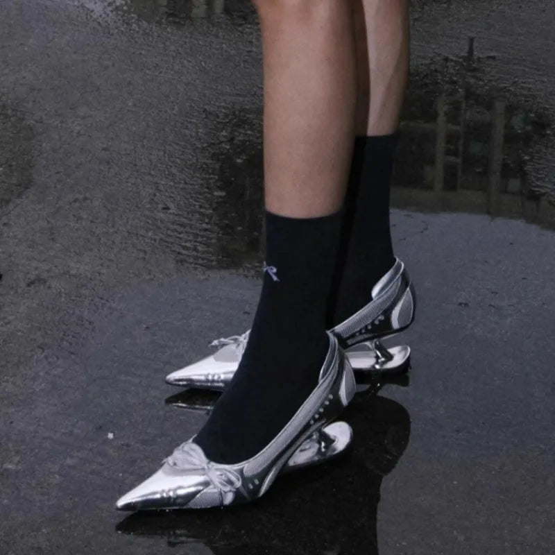 Special Heel Spliced Heels Pointed Toe Heels Women's Fashion Shallow Mouth Bow Non-Slip Mary Jane Single Shoes