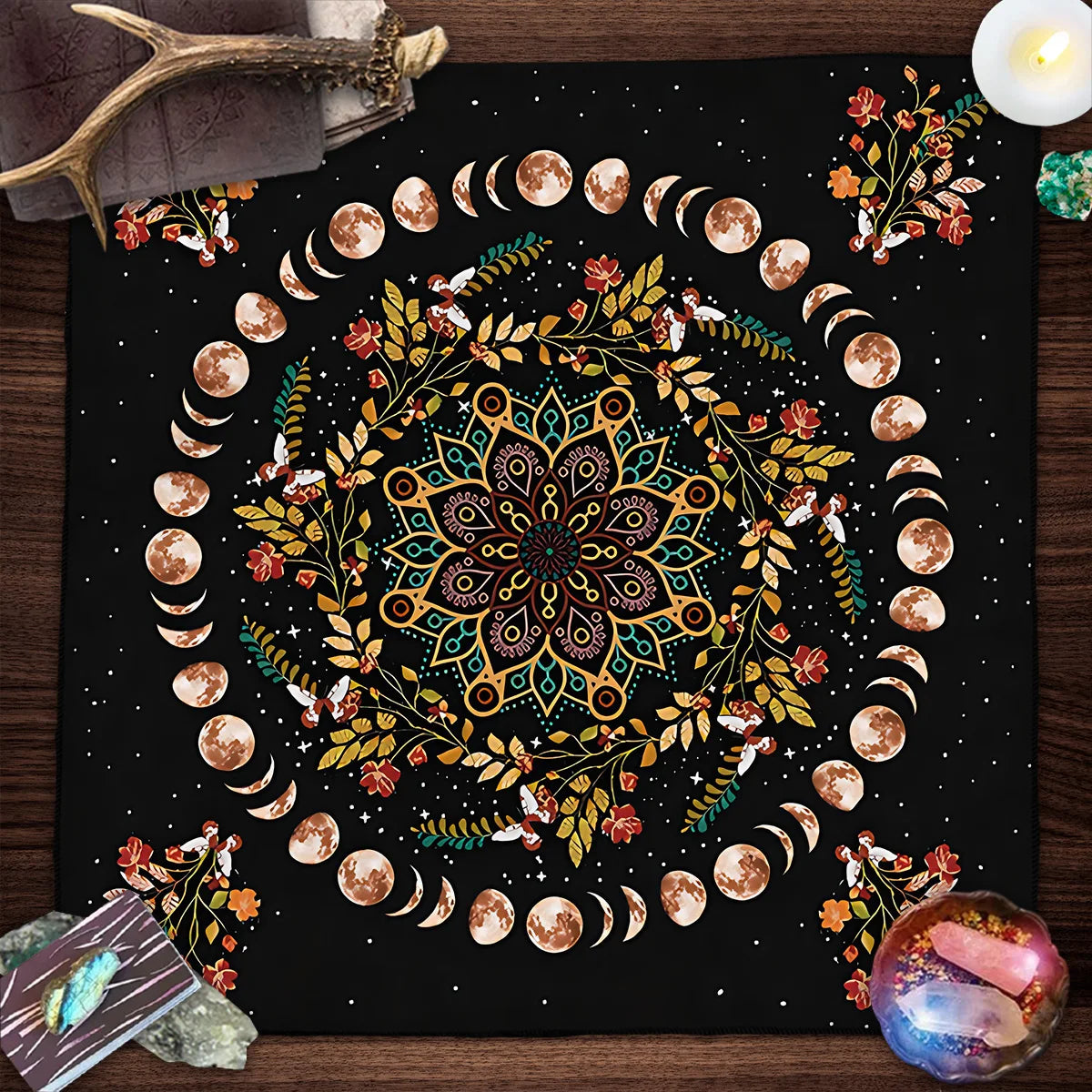 Pink Butterfly Moon Phase Floral Tarot Card Tablecloth  Altar Cloth Witchcraft Astrology Oracle Divination Cloth Home Decor