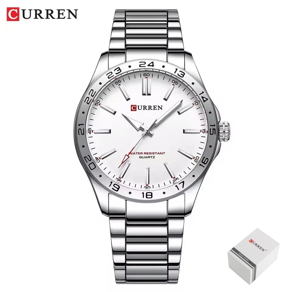 CURREN 8452 Men Quartz Watch Simple Fashion Leisure Business Clock Black Silvery Stainless Steel Strap Wristwatch for Male