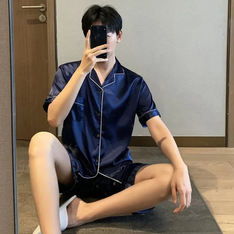 Solid Color Sleepwear Silk Satin Pajamas Couple Set Short-sleeved Pyjamas Suit Pijama Women Men Loungewear Plus Size Pj Set