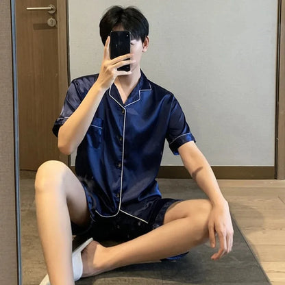 Solid Color Sleepwear Silk Satin Pajamas Couple Set Short-sleeved Pyjamas Suit Pijama Women Men Loungewear Plus Size Pj Set