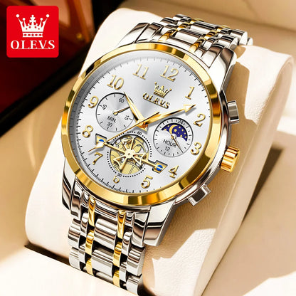 OLEVS New Flywheel Design Luxury Couple Watch Waterproof Moon Phase Chronograph Brand Original Quartz Wrist Watch for Men Women