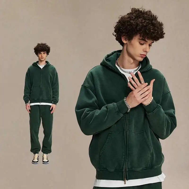 IEFB Men's Wear Wax Printing Vintage Male Hoodies Oversized Loose Zipper Water Washed Plush Sweatshirt Trendy New 9C9349