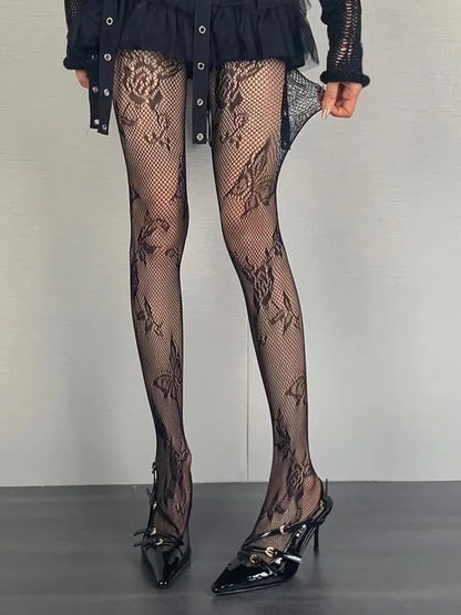 Women Sexy Lace Fishnet Stockings Lolita Hollow Out Solid Pantyhose JK Japanese Style High Waist Vintage Rhombus Striped Tights