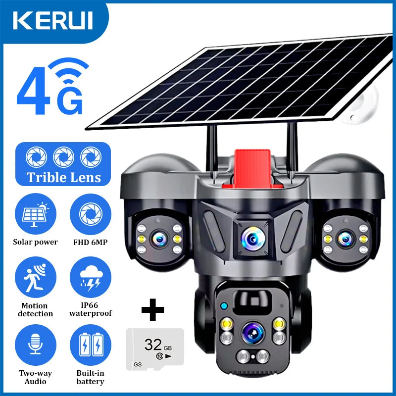 KERUI V380 Pro Outdoor PTZ 6MP WIFI 4G Solar Camera Home Security Triple Lens Camera Solar Panel CCTV Video Surveillance