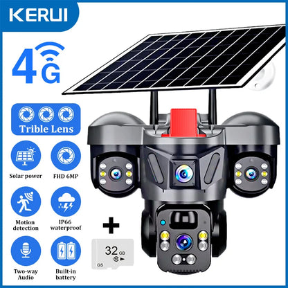 KERUI V380 Pro Outdoor PTZ 6MP WIFI 4G Solar Camera Home Security Triple Lens Camera Solar Panel CCTV Video Surveillance