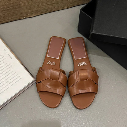 2025Summer New Style Women's Designer Brand Open Toe Flat Slippers Woven Comfortable Women's Shoes Casual Slippers Women's Shoes