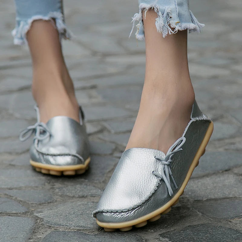 Fashion Women Flats Genuine Leather Oxford Women's Shoes Moccasins Women Shoes Slip On Bowtie Flats Tenis Shoes Woman Plus Size
