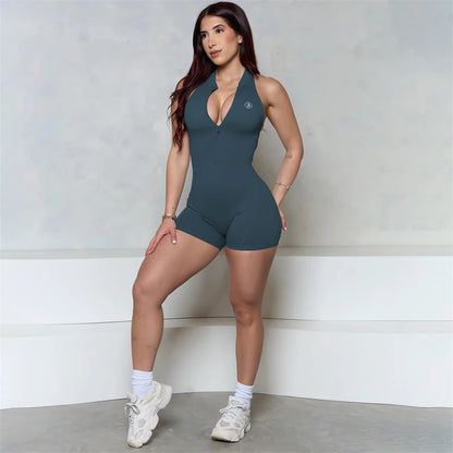 Allure The Brand Sleeveless ZIPPER Scrunch Butt Romper Women Sporty Jumpsuit Lycra Short Fitness Gym Overalls Workout Clothes