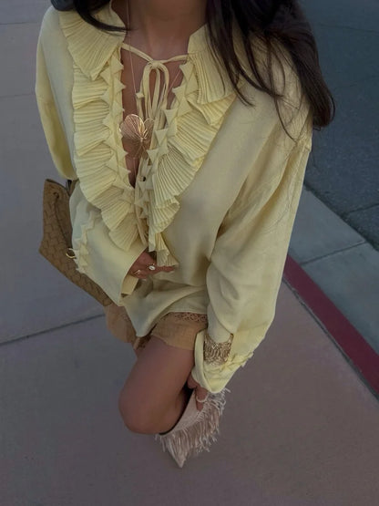 Women Solid Chiffon Ruffle Yellow Blouse Sheer V-neck Lace Up Full Flared Sleeve Shirts 2025 Summer Lady Fashion Loose Top New