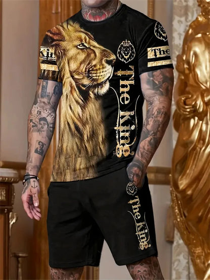 New Men's Sports Suit 3D Three-Dimensional Lion Print Short-Sleeved Outdoor Travel Leisure Two-Piece Suit Plus Size Clothing
