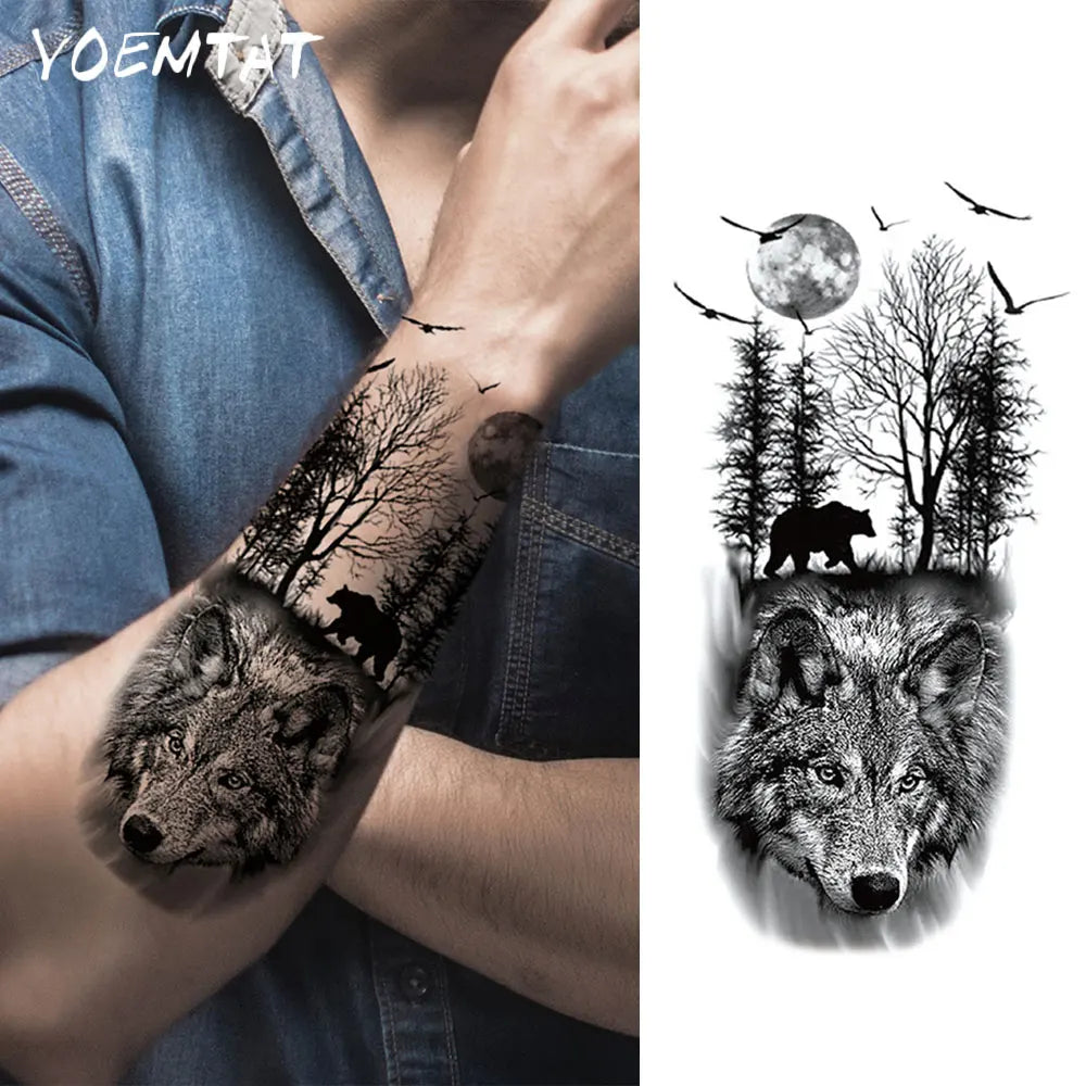 Waterproof Temporary Tattoo Sticker Realistic Animal Forest Wolf Bear Bird Moon Body Art Arm Fake Tattoos Sleeve Women Men Leg