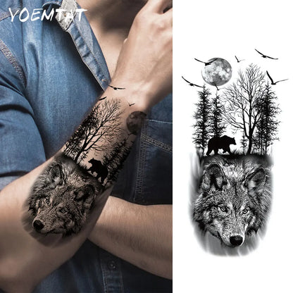 Waterproof Temporary Tattoo Sticker Realistic Animal Forest Wolf Bear Bird Moon Body Art Arm Fake Tattoos Sleeve Women Men Leg
