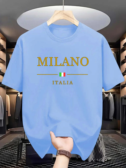 Men's summer 100 cotton fashionable casual loose plus size MILANO ITALIA pattern printed sports round neck short sleeved T-shirt