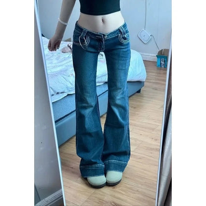 American Retro Flare Jeans Low Waist E-girl Slim Bandage Bottoms Women Fashion Black Cotton Denim Pant Trousers Y2K High Street