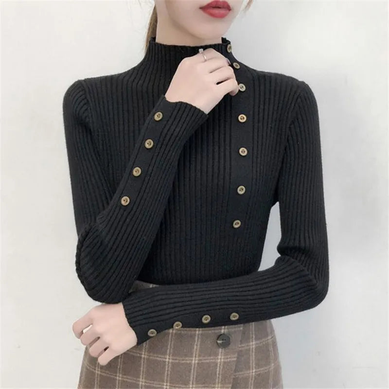 2025 Autumn Knitted Turtleneck Sweaters Women Solid Knitted Female Cotton Soft Elastic Color Slim Pullovers Button Full Sleeve