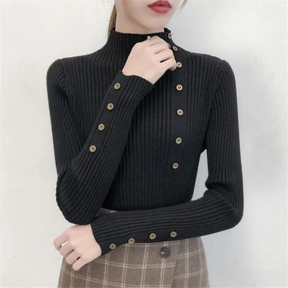 2025 Autumn Knitted Turtleneck Sweaters Women Solid Knitted Female Cotton Soft Elastic Color Slim Pullovers Button Full Sleeve
