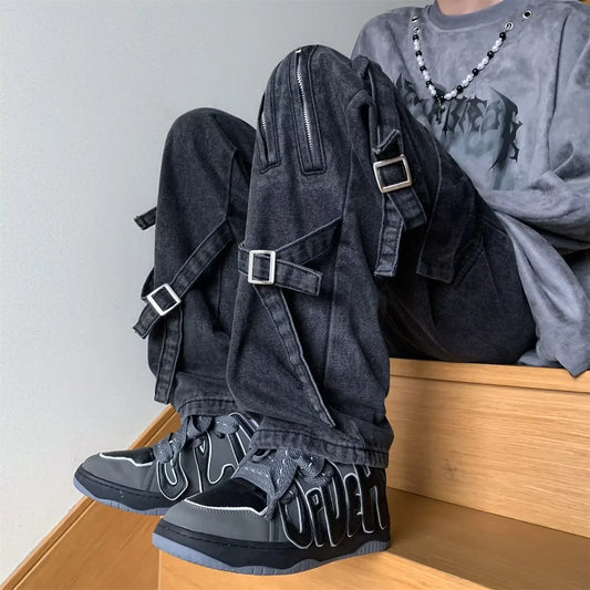 American Style Vibezip-up Trendy Jeans For Men Loose-fit Bell Bottoms Ins High Street Gangsta Style Casual Workwear