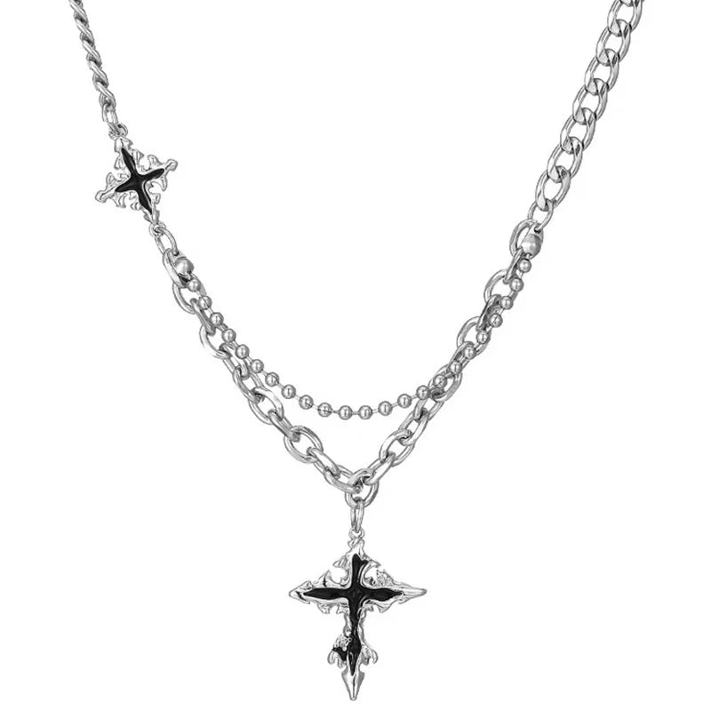 Summer Black Rhinestone Cross Jesus Pendant Choker Necklace for Women Punk Vintage Double Layers Chain 2025 Neck Boho Jewelry
