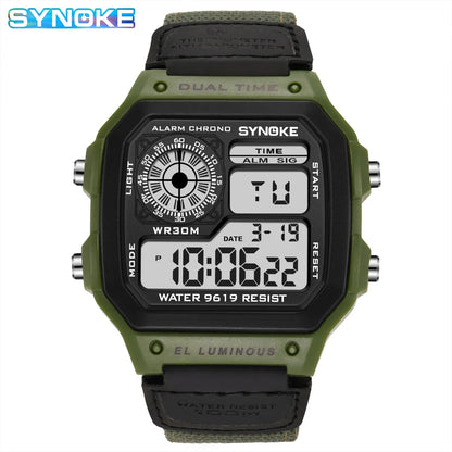Synoke Outdoor Military Digital Watch For Men Fashion Retro Nylon Canvas Strap Sports Waterproof Watch Multifunctional Luminous