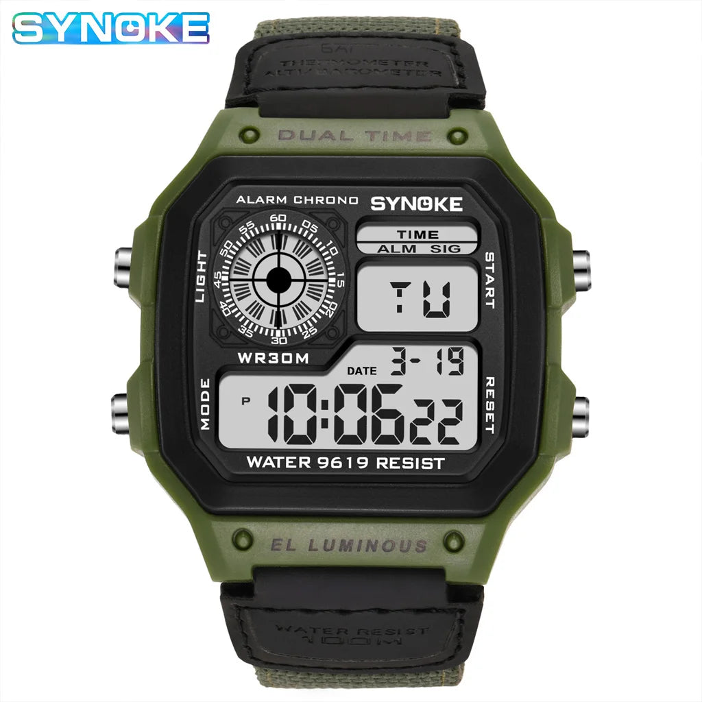 Synoke Outdoor Military Digital Watch For Men Fashion Retro Nylon Canvas Strap Sports Waterproof Watch Multifunctional Luminous