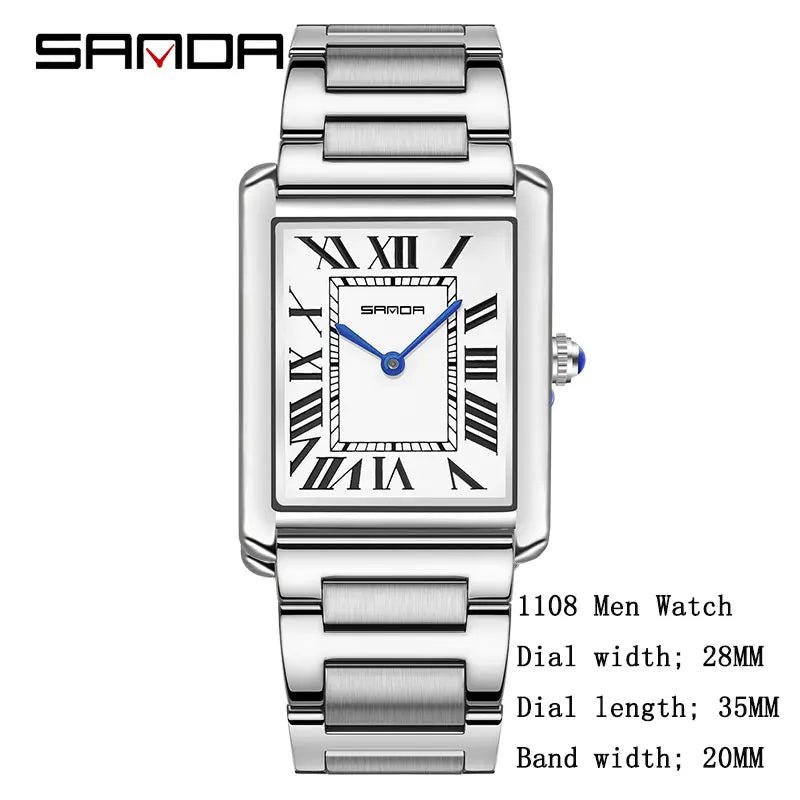 SANDA Men Quartz Watch Waterproof Casual Fashion Couple Watch Wear Resistant Stainless Strap Square Dial Design Women Lover Gift