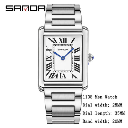 SANDA Men Quartz Watch Waterproof Casual Fashion Couple Watch Wear Resistant Stainless Strap Square Dial Design Women Lover Gift