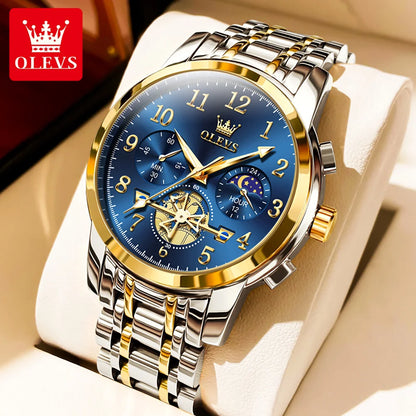 OLEVS New Flywheel Design Luxury Couple Watch Waterproof Moon Phase Chronograph Brand Original Quartz Wrist Watch for Men Women