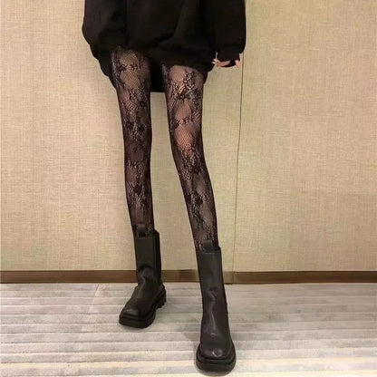 Gothic Fishnet Stockings Black Tights Women Sexy Nylon Sheer Pantyhose Lolita Hollow Out Floral Lace Pantyhose Cosplay Plus Size